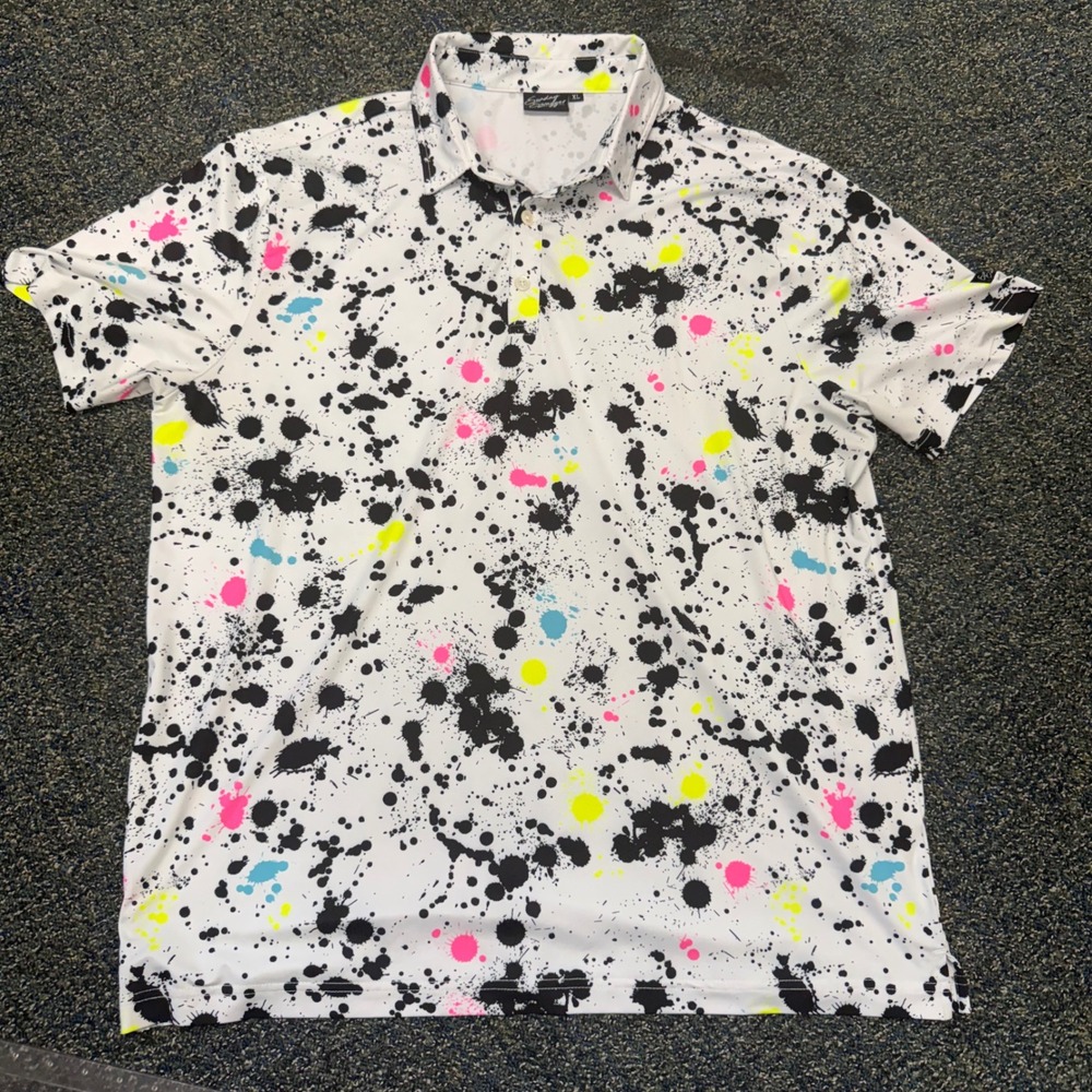 Sunday Swagger Paint Splatter Polo Shirt Mens XL White Neon Golf Performance